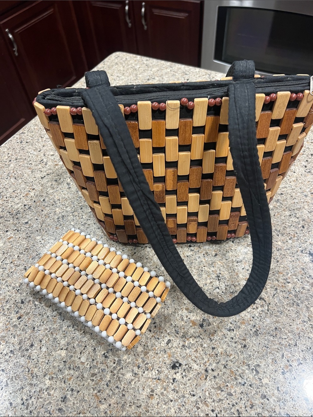 Woven Wood Bead Tote Bag in Natural Brown with wallet handmade Kenya